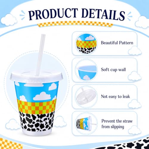 Cartoon Story 24 Pcs Party Cups with Lids & Straws - 16 oz Reusable Plastic for Birthday & Celebration - Blue & White Clouds