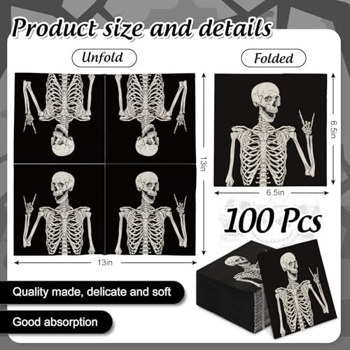Halloween Skeleton Paper Napkins - 100 Pack Black Luncheon Hand Towels for Party & Table Decor