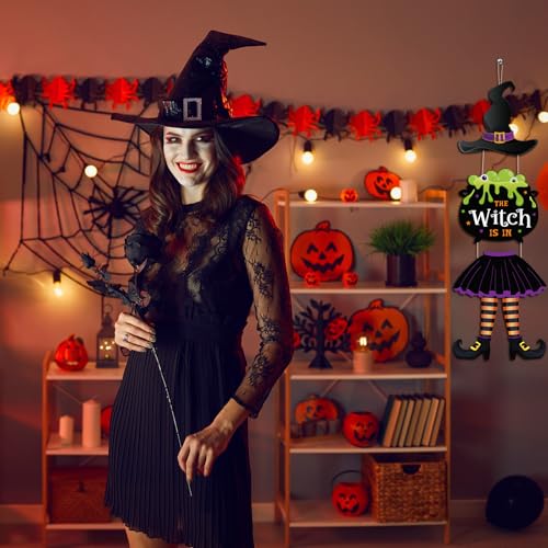 Halloween Witch Sign Decor Set - Wooden Hanging Wall Decorations for Party and Home