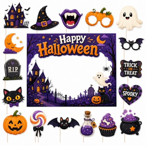 Halloween Photo Booth Props Kit with Selfie Frame - Orange, 16 Pieces