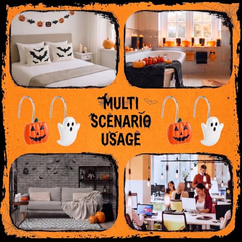 Halloween Shower Curtain Hooks Set - Ghost Pumpkin Decor, 12 Pieces, Orange & White Variation