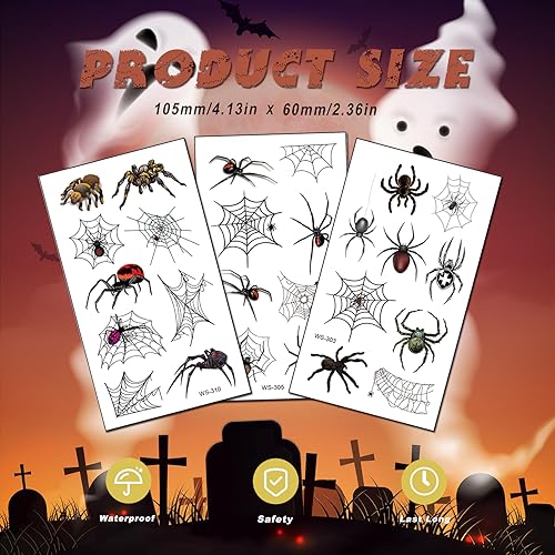 Halloween Spider Web Temporary Tattoos - 10 Sheets with Realistic Spider Designs - Waterproof & Easy to Remove - Spider Variation