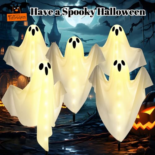 3-Pack Solar Ghost Lights Outdoor - 27.8 Inch Halloween Yard Decor, Light Up Ghost with 8 Modes & Adjustable Arms - Warm White Variation