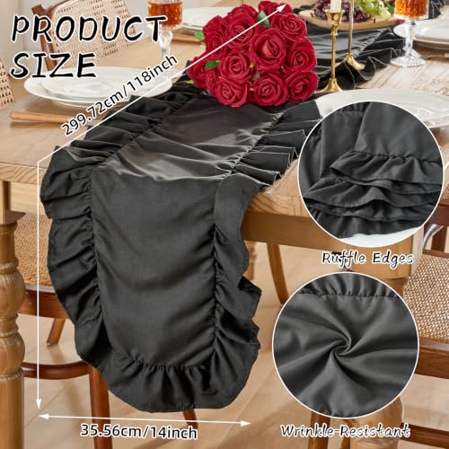 Black Satin Ruffle Table Runner 14x118 Inches - Formal Home Decor
