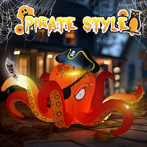 Halloween Inflatable Octopus Pirate Lighted Decor - 7.2 ft Spooky Yard Decoration