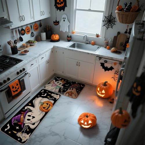 Halloween Kitchen Rugs Set of 2 - Ghost & Witch Design, 17x29 & 17x47 Inches, Multi-Color