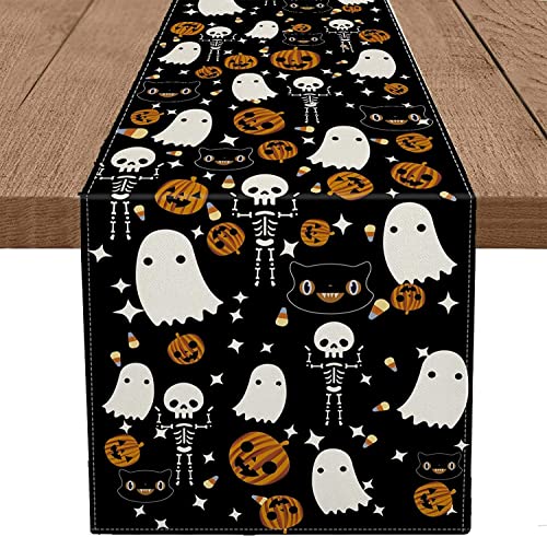 Halloween Table Runner Black Cat Pumpkins 13x36 Inch Seasonal Kitchen Decor