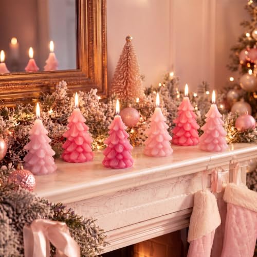Pink Christmas Tree Candles Set - 6 Mini Colorful Candy-Shaped Holiday Decor