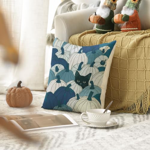 Blue Fall Pumpkin Black Cat Throw Pillow Cover 18x18 Inch - Pack of 1