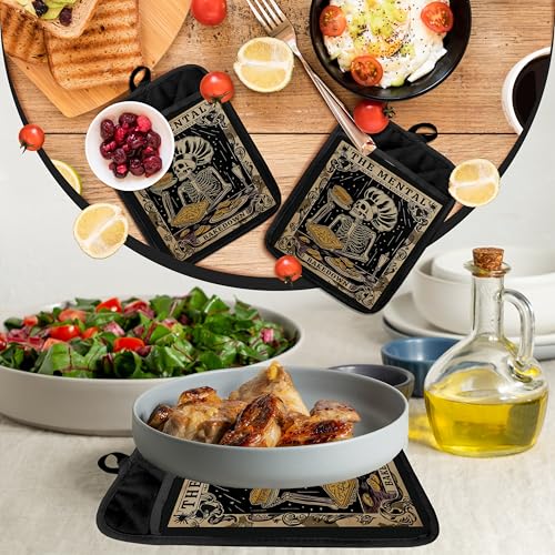 Gothic Skeleton Pot Holders with Pockets - Color B Heat-Resistant Oven Mitts for Kitchen Baking & Cooking
