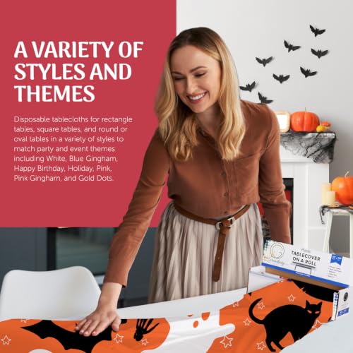 Halloween Orange Plastic Table Cover Roll - 54in x 1200in Disposable Tablecloth with Slide Cutter
