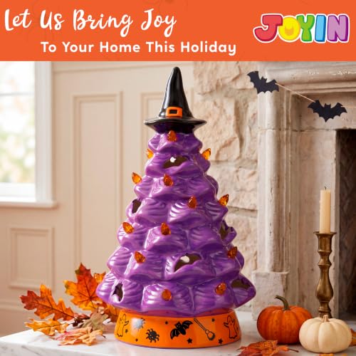 Purple Halloween Ceramic Tree with Bat Cutouts and LED Light - 8.5 Inch Witch Hat Decor