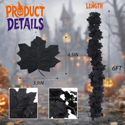 Black Maple Leaves Halloween Garland 2 Pack - Spooky Decor for Indoors & Outdoors - 12 Ft Total with Hooks