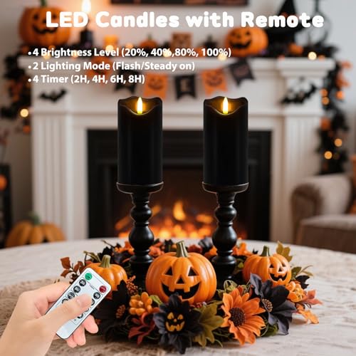 Black Flameless Candles Set of 2 with Remote & Timer - Halloween & Gothic Decor