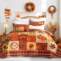 EVENHUG Fall Quilt Queen Size Bedding Set with Pillow Shams - Orange Brown Floral Pumpkin Design, 3 Pieces