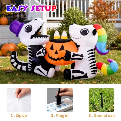 6 Ft Inflatable Sitting Skeleton Dinosaur with Pumpkin Halloween Yard Decor