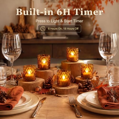 Burnt Orange Fall Decor Flameless Votive Candles 12Pcs - Halloween & Seasonal Indoor Ambience