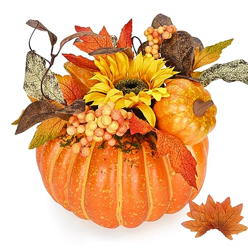 Orange Fall Decor Pumpkin Set - 2 Faux Pumpkins with Lights & Leaves
