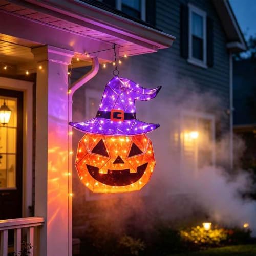 Outdoor Light Up Pumpkin with Witch Hat & 85 LEDs - 24 Inch Halloween Decor