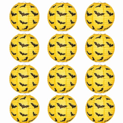 Halloween Bat Paper Lanterns Set of 8 - Yellow and Black Hanging Decorations for Parties