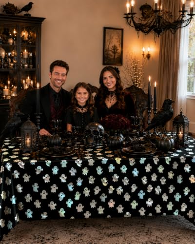 Halloween Ghost Tablecloth Set - 2 Pcs Waterproof 54x108 Inch Black Disposable Cover