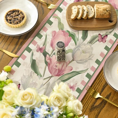 Pink Tulip Bloom Floral Table Runner 13x48 Inch Spring Summer Home Decor