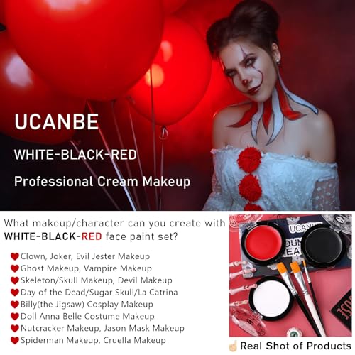 Face & Body Paint Kit with Brushes - White Black Red for Halloween Cosplay SFX Makeup - Variation: Black+White+Red