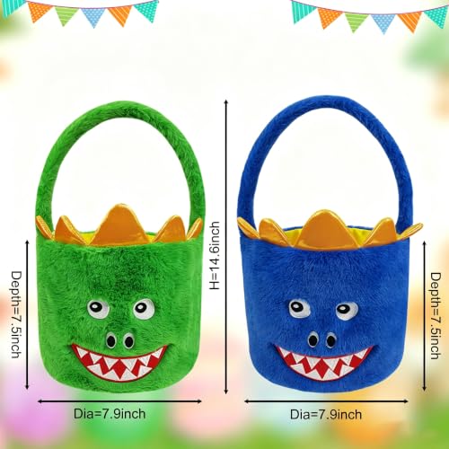 Green & Blue Dinosaur Plush Halloween Trick or Treat Basket - 8 Inch Dia, 15.7 Inch Tall, Kids Gift & Party Decor