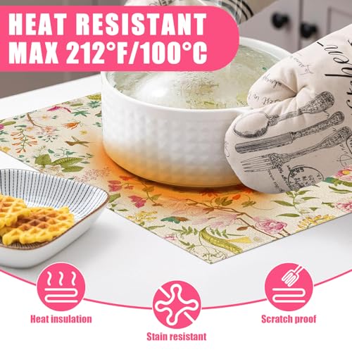 Vintage Floral Bird Placemat Set of 6 - Spring Summer Linen Table Mats, Washable & Stain-Resistant