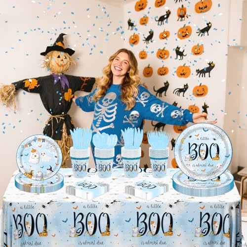 Halloween Baby Shower Decorations Boy - Little Boo is Almost Due Party Supplies Set