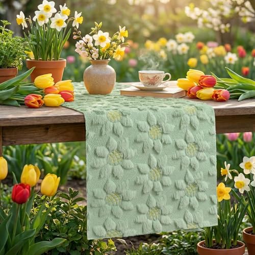 Green Faux Fur Sunflower Table Runner - 13x48 Inch Home Dining Decor
