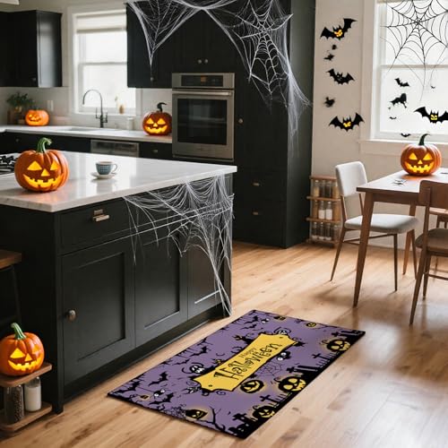 Halloween Kitchen Rugs Set of 2 - Purple Spooky Pumpkin & Black Cat Mat Non-Slip Washable