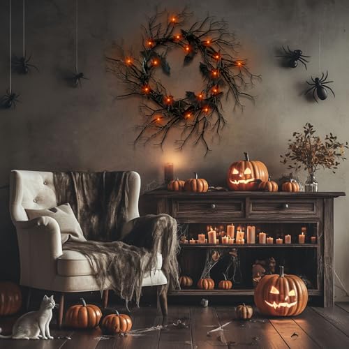 Halloween Black Branch Wreath with Bats - Handmade Seasonal Wall Decor