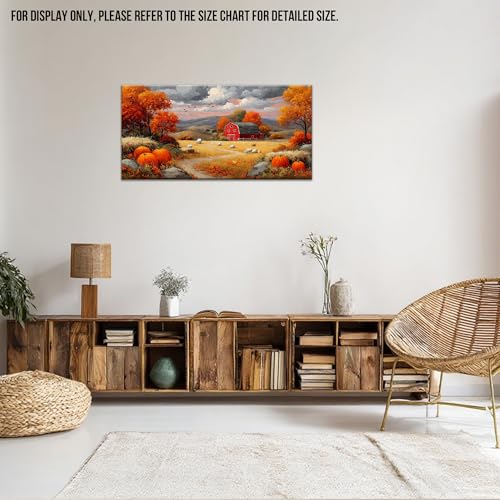Autumn Fall Canvas Wall Art - Rustic Pumpkin Farm Scene, Red Barn, 16"x8" Wrapped Print - Fall Landscape Decor