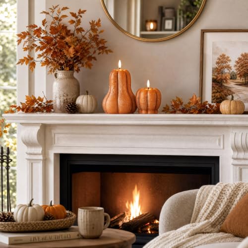 Flameless Pumpkin Candles Set of 2 - Orange Fall Decorations with Remote