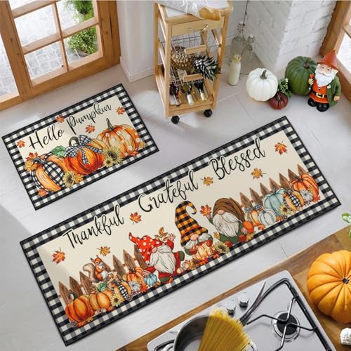 Fall Kitchen Rug Set of 3 - Gnomes, Pumpkins & Maple Leaves, Washable, Non Slip, Low Profile