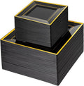 Square Black and Gold Plastic Plates Set - 50 Dinner & 50 Dessert Disposable Plates for Parties