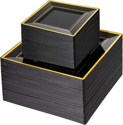 Square Black and Gold Plastic Plates Set - 50 Dinner & 50 Dessert Disposable Plates for Parties
