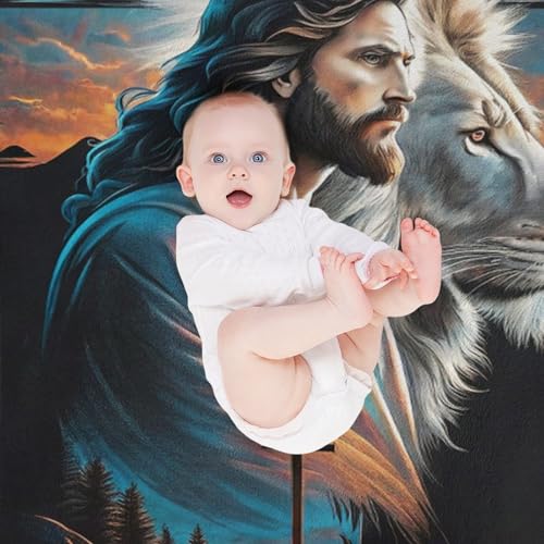 Jesus and the Lion Throw Blanket 40x50 Inch - Cross Art Design, Soft Eco-Friendly Fleece