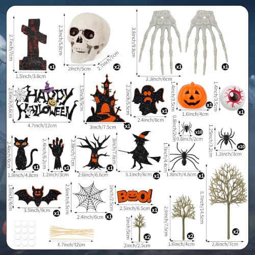 Halloween Cake Toppers Set - 44pcs Spider Bat Castle Pumpkin Skull Hand Decorations - Halloween Party Supplies