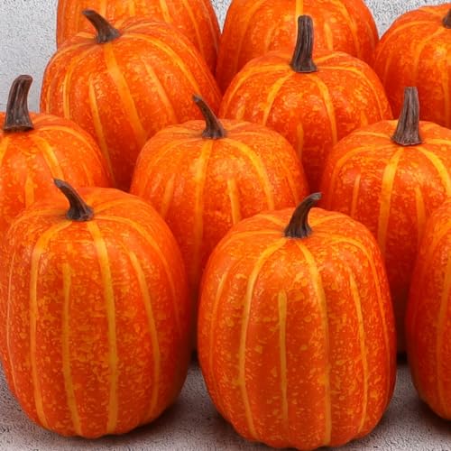 Artificial Orange Pumpkin Set - 6 Faux Fall Decorations for Halloween & Thanksgiving
