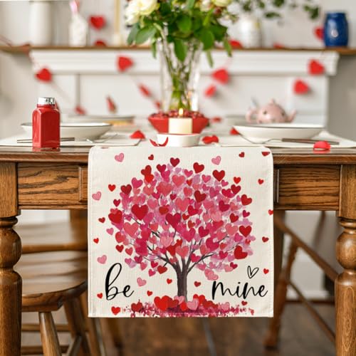 Heart Tree Valentine's Table Runner 13x72 Inch Beige-Red Home Decor