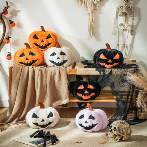 Halloween Pumpkin Shaped Throw Pillow - Off White Large 6x12 Inches Faux Fur Accent
