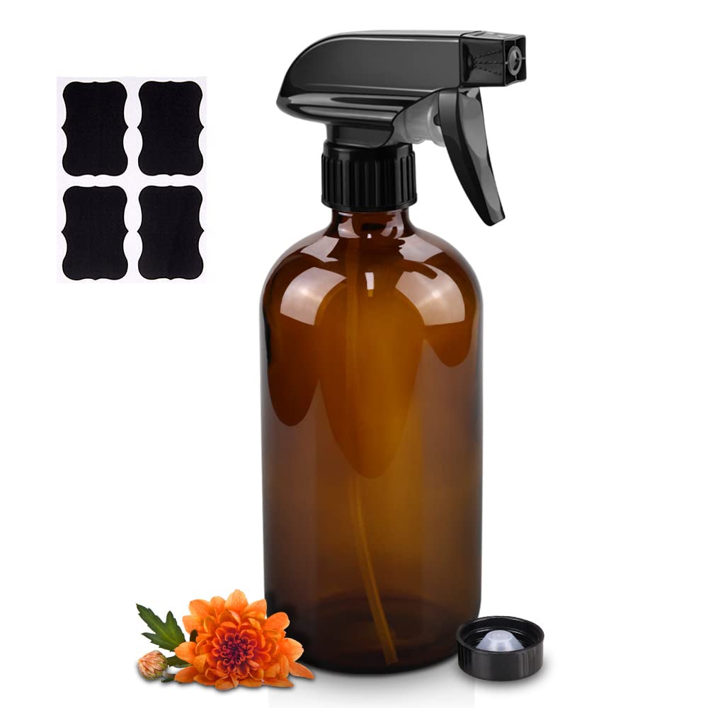 Worldgsb 16oz Amber Glass Spray Bottles - Reusable Containers with Labels & Adjustable Nozzle for Cleaning, BBQ, Food, Plants, Alcohol, Essential Oils