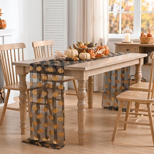 Fall Gauze Table Runner 120 Inch with Metallic Foil Pumpkin Black Gold - Artoid Mode
