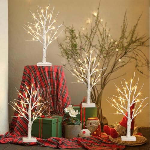 22-Inch Tabletop Birch Tree with LED Lights - Indoor Christmas Decor - Variation of 22inch×4