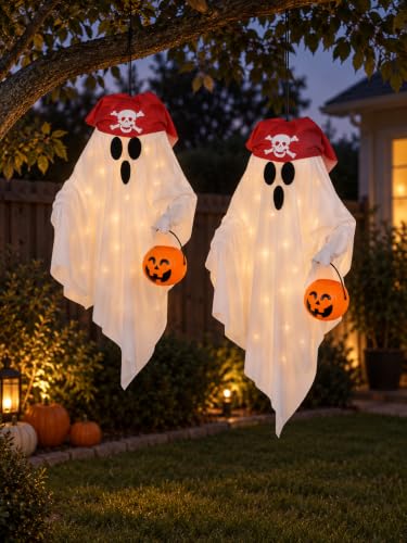 White Light Up Pirate Ghost Halloween Decorations - 2 Pack Hanging Porch Decor