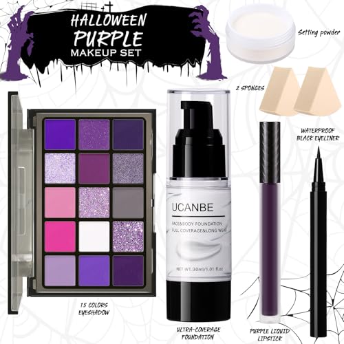 UCANBE Purple Halloween Makeup Kit - 15-Color Eyeshadow, White Foundation & Lipstick