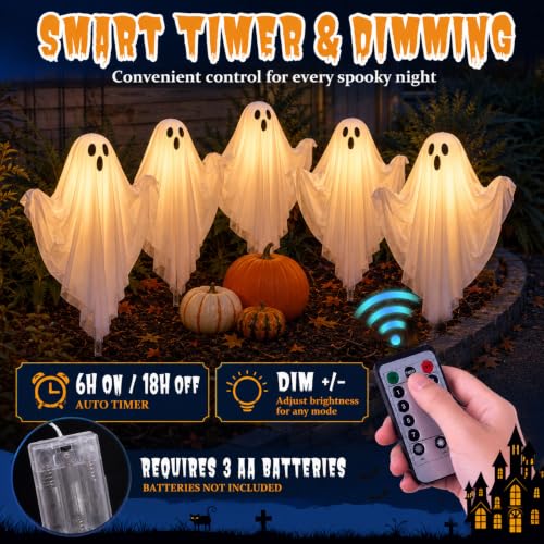 Set of 5 Halloween Lighted Ghost Stakes - Spooky Outdoor Yard Decorations with Remote Control & Timer - 17.7 Inch Glowing Ghost Pathway Lights