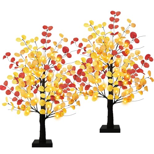 2 Pack 24-Inch Prelit Fall Eucalyptus Trees with Pumpkin LED Lights - Battery Operated Autumn Tabletop Decor